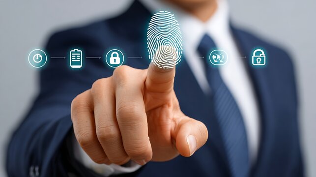 Professional's finger initiates secure digital access via biometric fingerprint scan, activating advanced data protection and privacy interface with glowing icons - Powered by Adobe