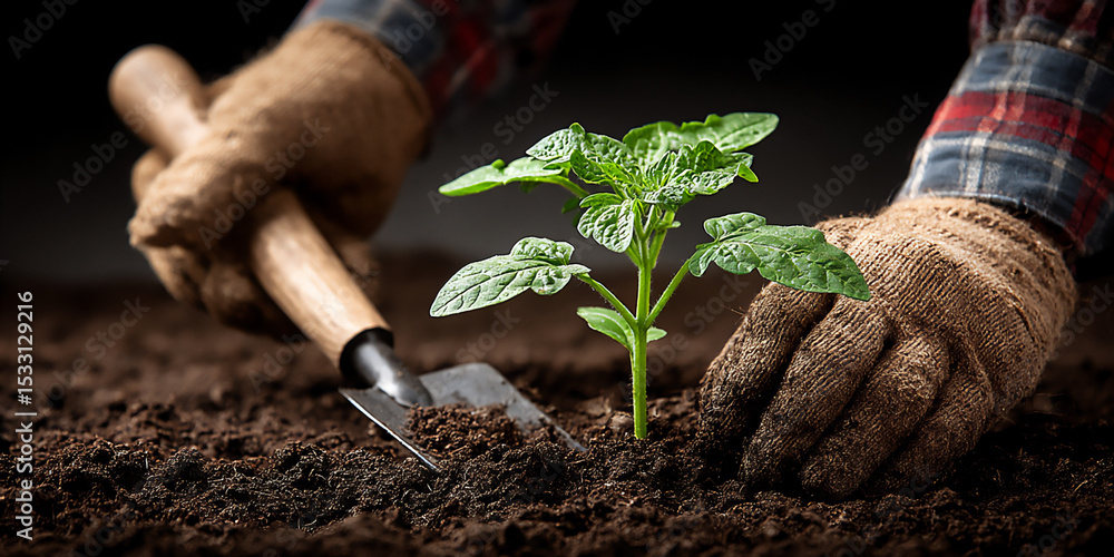 Poster hands efficiently using a gardening tool (e.g.