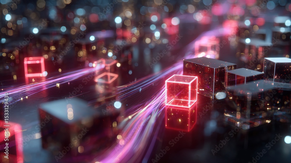 Aufkleber abstract future network scene with glowing nodes and cubes