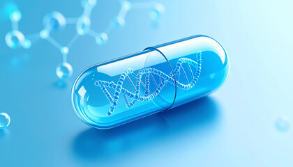 DNA Capsule: A translucent blue capsule containing a DNA double helix, symbolizing genetic research, medicine, or biotechnology. Molecular structures are subtly visible in the background.