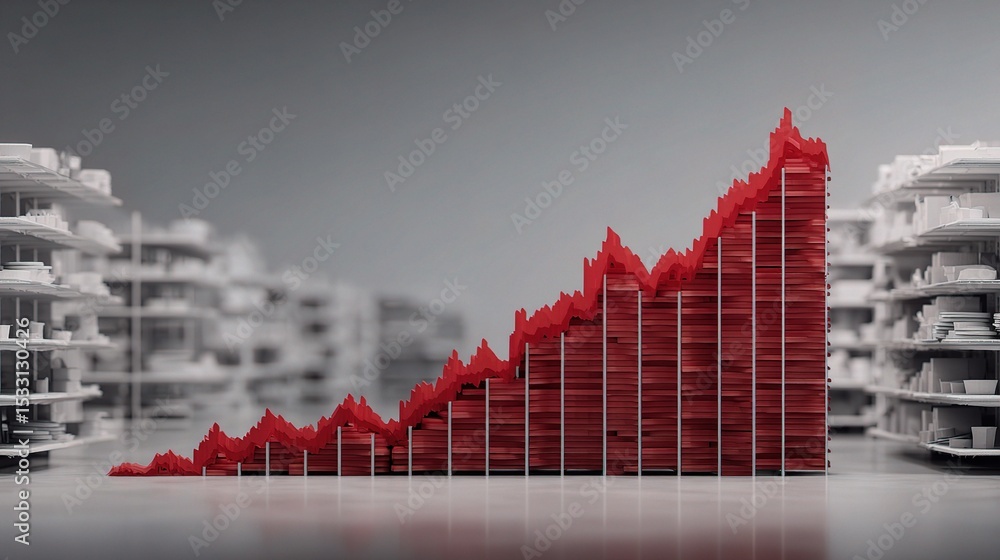 Poster sharp red inflation curve rising above architectural elements
