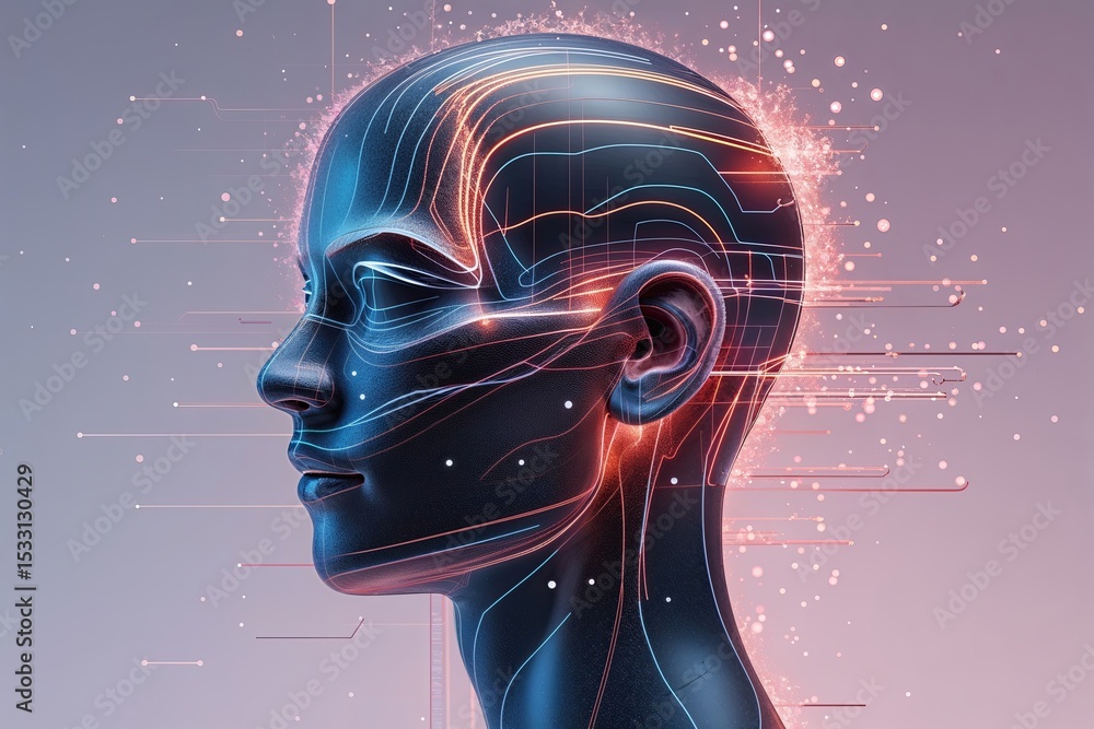 Poster realistic 3d human head with abstract lines and particle design illustration