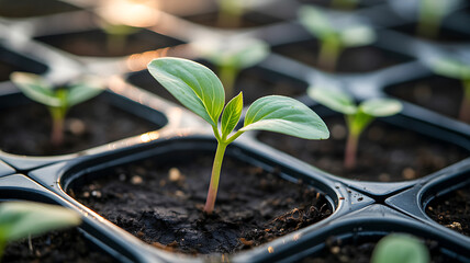 Seedling Sprout in a Seed Tray at Sunrise