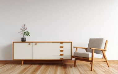 Mid-century modern sideboard and armchair against a minimalist white wall, accented by a small plant