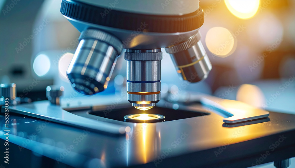 Poster microscope's light: a close-up image showcases a gleaming microscope, its lens illuminating a scient