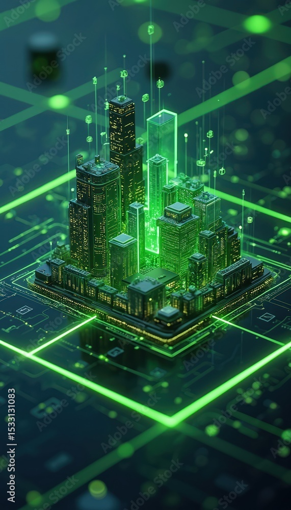 Poster futuristic city connected cloud network. digital architecture of glowing green buildings on circuit 