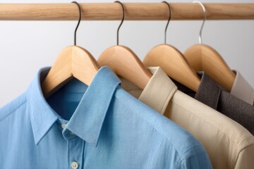 Four collared shirts hang on wooden hangers against a light background, showcasing various muted colors and textures