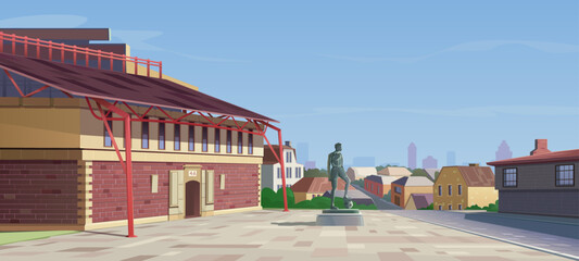 Old stadium building with square, monument of football player with ball. Classic sports arena in European style, stadium stand. City infrastructure, street with houses, cityscape. Vector cartoon.