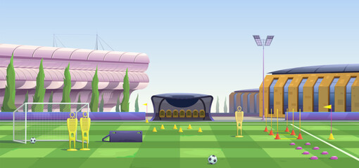 Sports training complex. Stadium building, training football field, sports infrastructure. Glass canopy with bench, lighting mast, football equipment, ball, cone, gate, training dummy, vector cartoon.