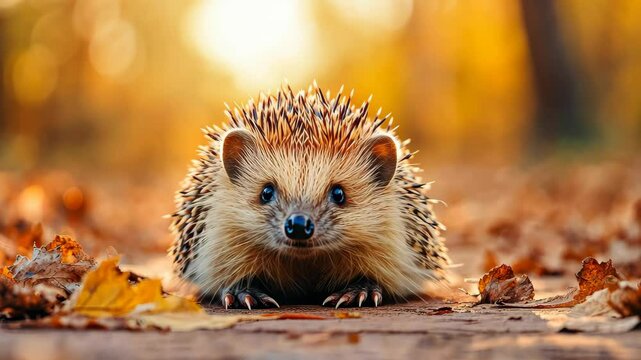 Autumn Hedgehog in Golden Light: An adorable hedgehog in its natural habitat is captured in a warm autumn setting, surrounded by fallen leaves and golden light.