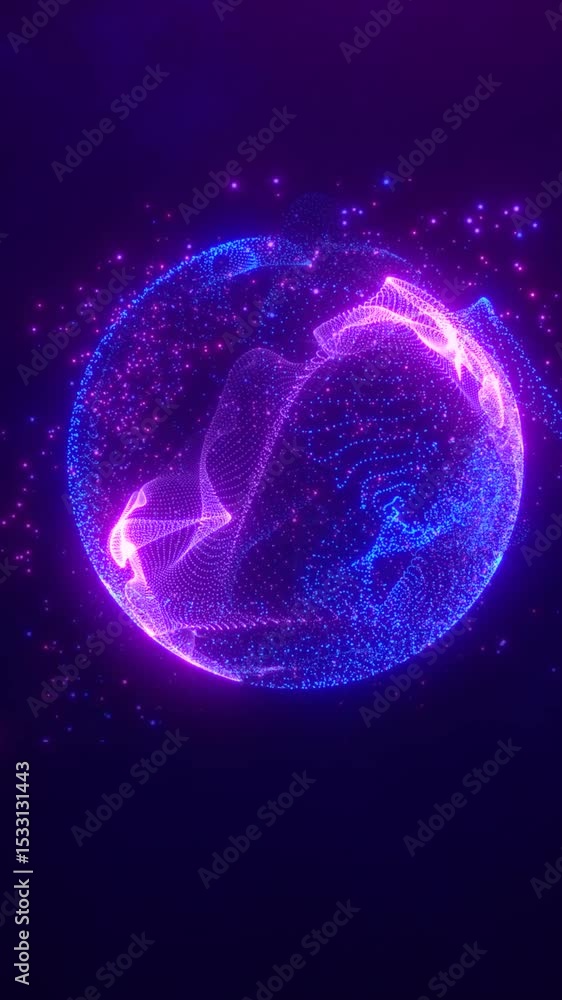 Poster a glowing digital sphere made of neon pink and blue particles, suspended in deep space with radiant 