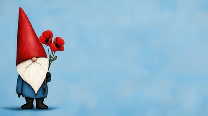 A cute garden gnome with a tall red hat and white beard holds a bouquet of red poppies against a soft blue background.