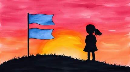 A silhouette of a girl standing on a hill at sunset with two blue flags fluttering against a vibrant orange and pink sky.