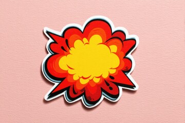 A vibrant red and yellow cartoon explosion sticker on a pale pink background.  The sticker has a defined white border and a dynamic, irregular shape