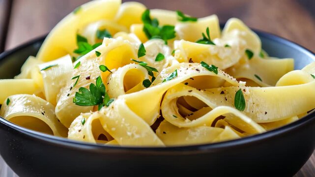 Pasta Paradise: A culinary masterpiece featuring perfectly cooked pappardelle pasta, artistically arranged in a sophisticated dark bowl.