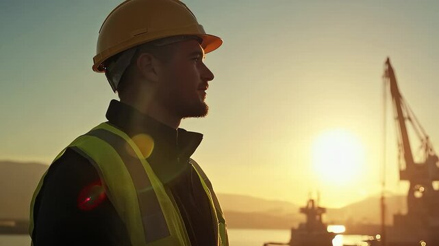 Port Worker Looking Towards Future at Sunset