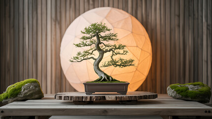 Serene Bonsai Tree on Wooden Table with Soft Lighting