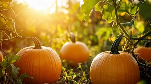 Autumnal harvest scene featuring vibrant orange pumpkins growing amidst lush foliage in a field at golden hour, evoking a sense of abundance and warmth.