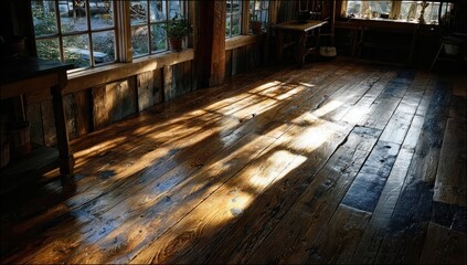 Sunlit rustic workshop interior with aged wood flooring, showing sunbeams through windows, and simple furniture