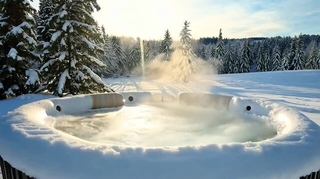 Luxurious winter spa retreat with steaming hot tub surrounded by snow-covered pine trees and wooden deck. The serene mountain setting offers perfect relaxation escape with pristine white landscape