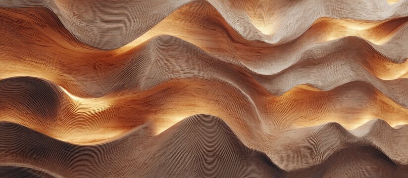 Backlit, undulating beige and amber textured surface resembling sculpted waves or sand dunes