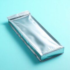 A silver foil pouch, rectangular, lies on a light teal background; sealed, smooth surface with subtle creases shows light reflections