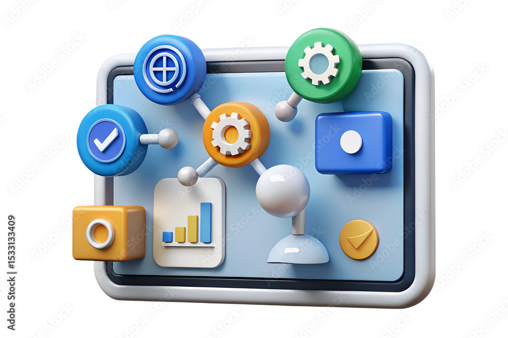 Poster 3d render of interconnected colorful cubes representing workflow, process, and system integration