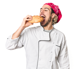 Young Caucasian chef with artisanal bread in studio