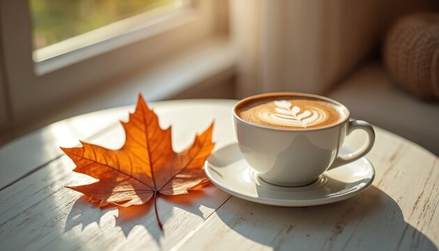 Cup coffee with autumn leaf on table. Coffee with latte art. Cozy warm fall atmosphere. Breakfast. Home decor. Aromatherapy. Sweet dessert, cafe mood.