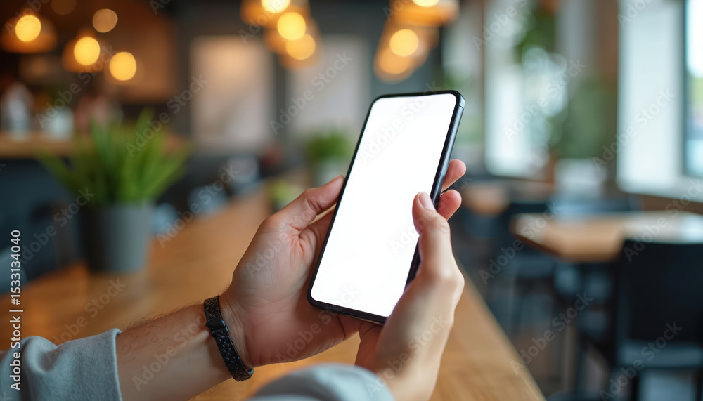 Poster person holds modern cell phone with blank white screen, mockup for advertising. smartphone in hand, 