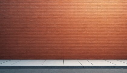 Illustration red brick wall with empty sidewalk in urban setting. Weathered exterior facade conveys classic building construction. Blank space for text. Ideal for architectural, city landscape