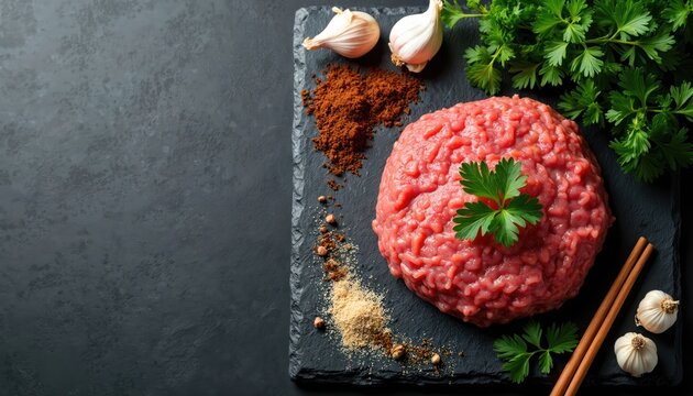 Top view of raw minced ground meat with spices garlic parsley. Ingredients for cooking on black stone cutting board. Culinary background with uncooked food for dinner or meal. - Powered by Adobe