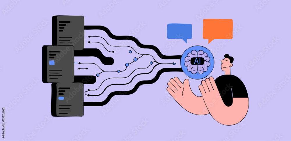 Poster person interacting with ai processing big data, vector illustration for artificial intelligence and 