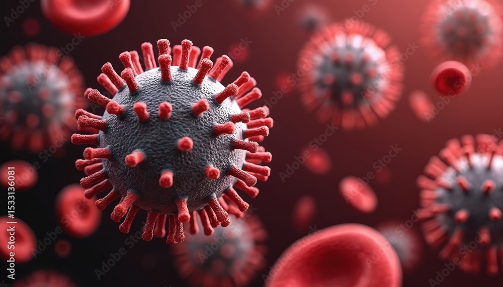 Poster close-up illustration of virus particles, red blood cells in biological context. interaction between