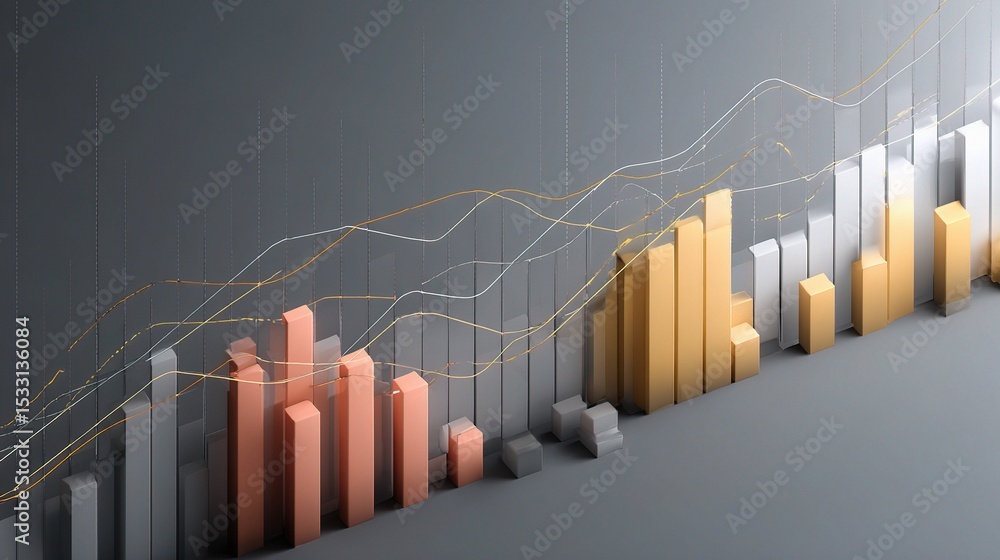 Poster stylized visualization of economic trends with overlapping bars and lines
