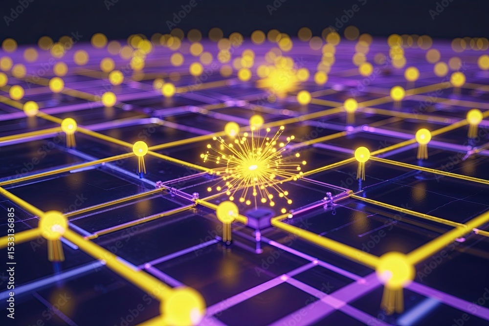 Poster modern virtual network with dynamic yellow and purple radiant nodes and connections for improved dig