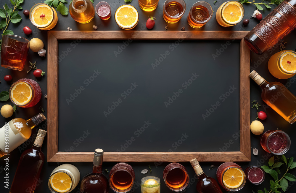 Poster top view of beverage bottles, glasses, frame with dark chalkboard in middle. drinks with slices of o