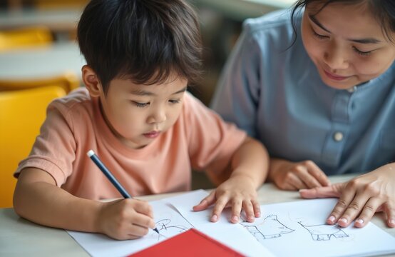 Asian boy with autism draws on paper. Teacher assists him at lesson in school. Child with autism, education inclusion concept. Learning, studying together in classroom.