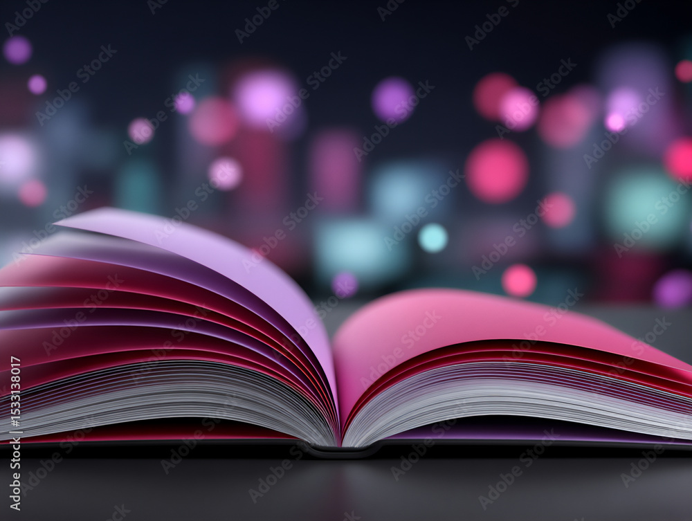 Poster brightly lit close-up of open books with glowing text and abstract knowledge particles floating arou