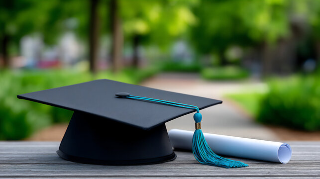 close-up of a graduation cap and diploma with a blurred background of cheering graduates