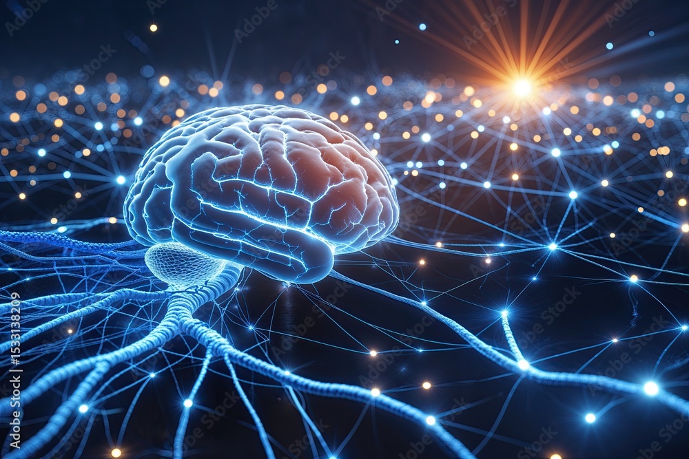 Poster digital brainwave journey through electric blue neural networks and glowing points