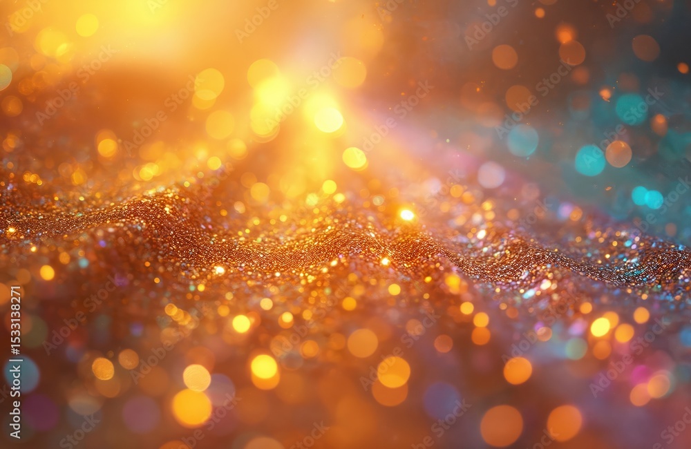 Poster Abstract holographic psychedelic texture. Iridescent glitter close-up. Bokeh background with shimmering gold and teal tones. Generated by AI for artistic modern designs, beauty, fashion, tech visuals.