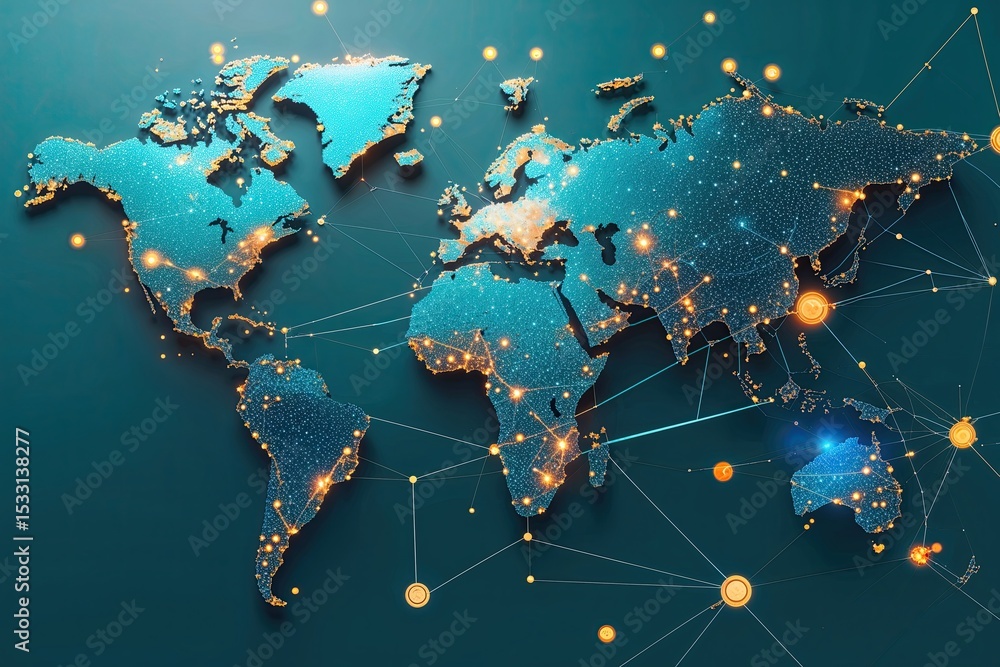 Poster innovative digital connectivity design on teal background featuring advanced technology and global a