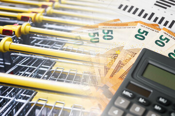 Shopping costs concept. Euro banknotes and calculator. Retail expenses and inflation theme. Market...