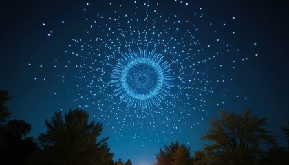 Aerial view of drone light show in night sky. Swarm of flying tech lights forming a futuristic display during twilight. Coordinated light show over trees at evening.