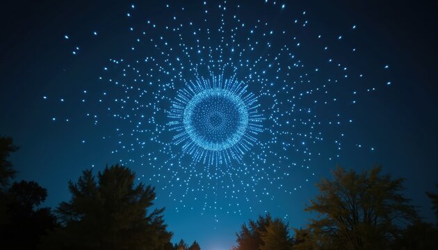 Aerial view of drone light show in night sky. Swarm of flying tech lights forming a futuristic display during twilight. Coordinated light show over trees at evening.
