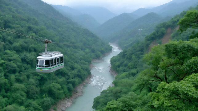 energetic image of a traveler ziplining through a lush forest canopy