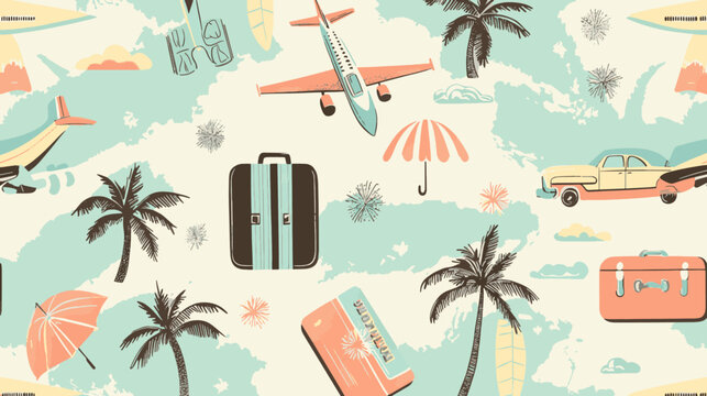 Seamless retro vector background with airplanes, luggage, and tropical travel elements for presentations