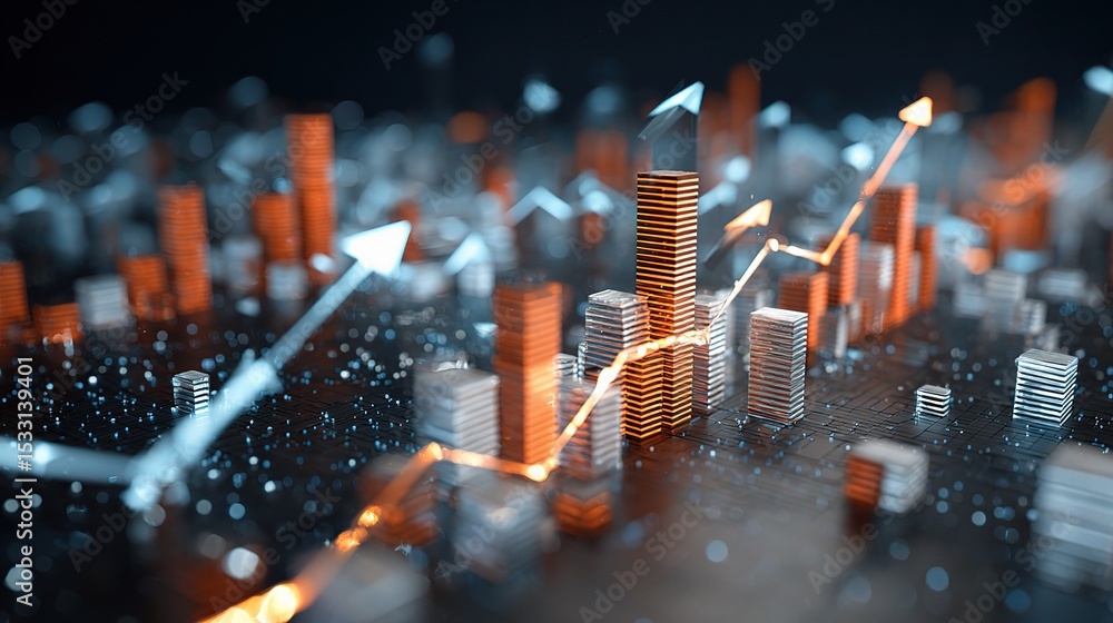 Poster 3d mesh visualization of floating trade bars and rising arrows