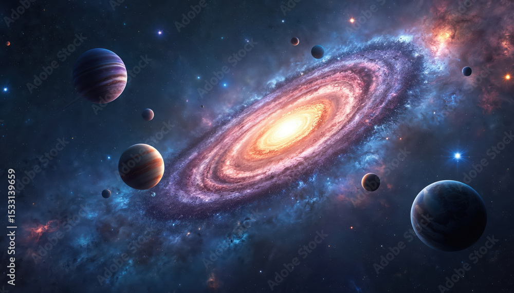 Poster majestic universe with colorful planets and sparkling stars. deep space galaxy with nebulae, planets